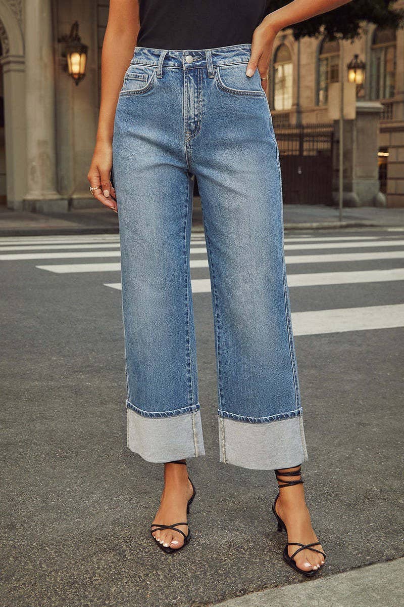 ROLLED HEM HIGH WAIST STRAIGHT LEG JEANS