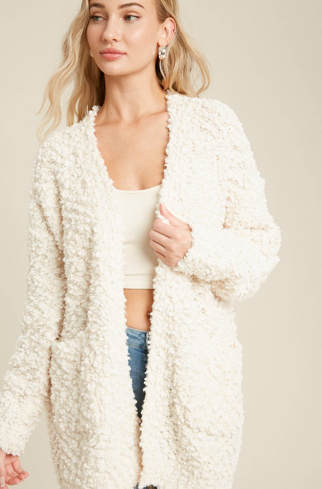 FLUFFY BOUCLÉ OPEN FRONT CARDIGAN