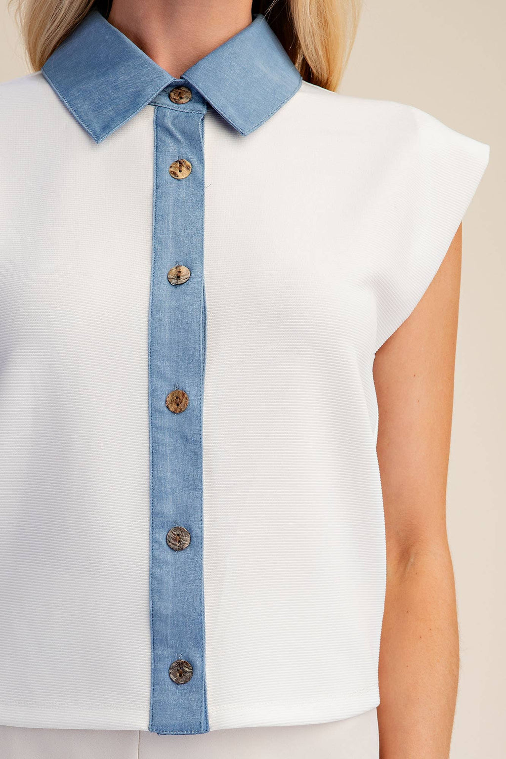 Muscle Vest Top With Collared Denim Placket