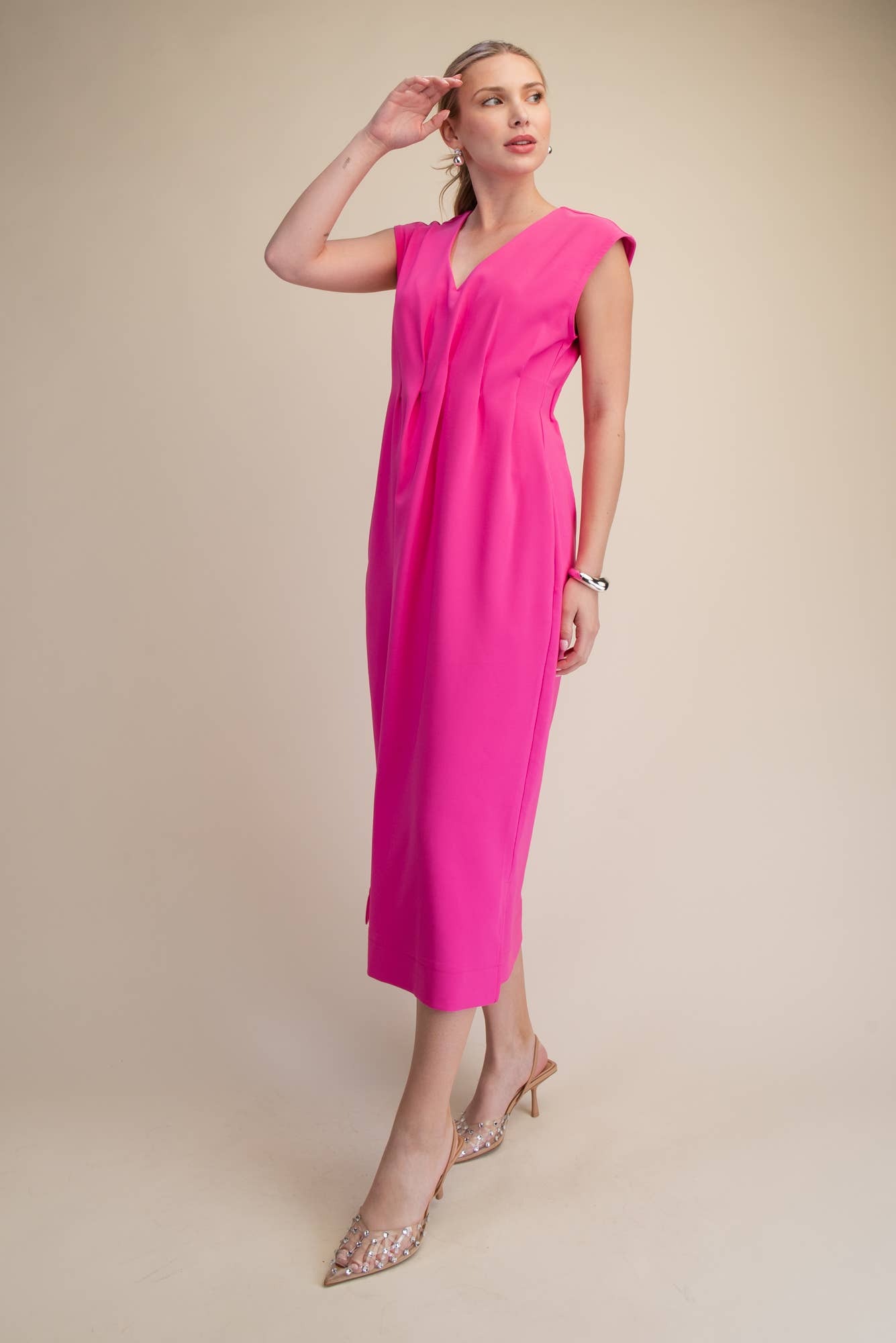 Short-Sleeve Waist Pleated Midi Dress
