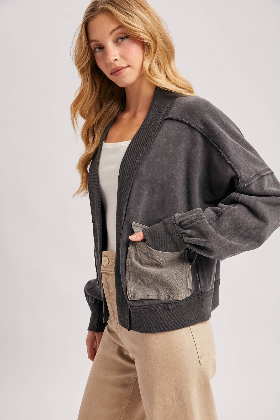 WASHED COLLARLESS OPEN FRONT CARDIGAN - ST. PATRICK'S DAY