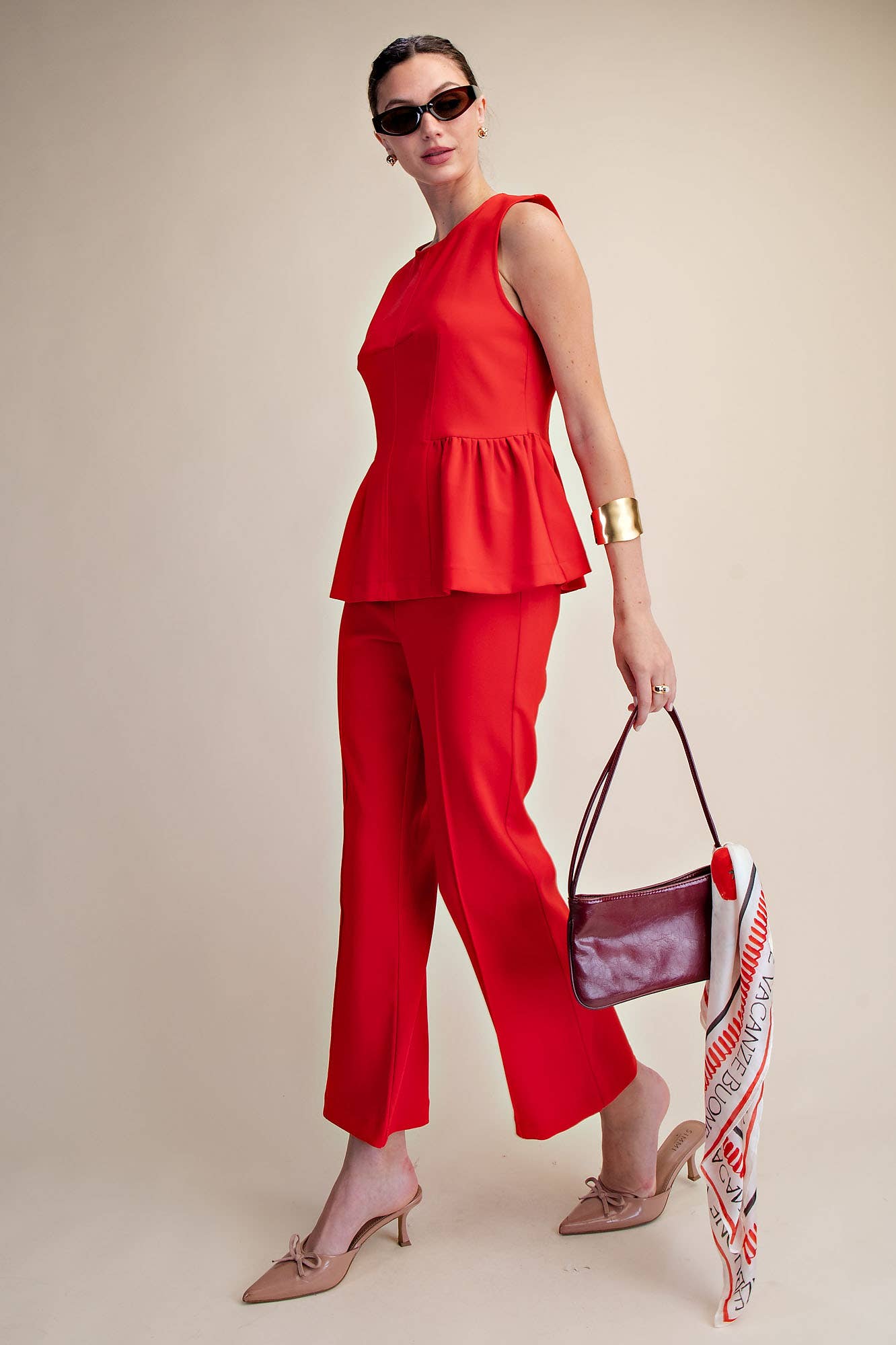High Waist Stitch Pleats Flare Crop Stretchy Pants