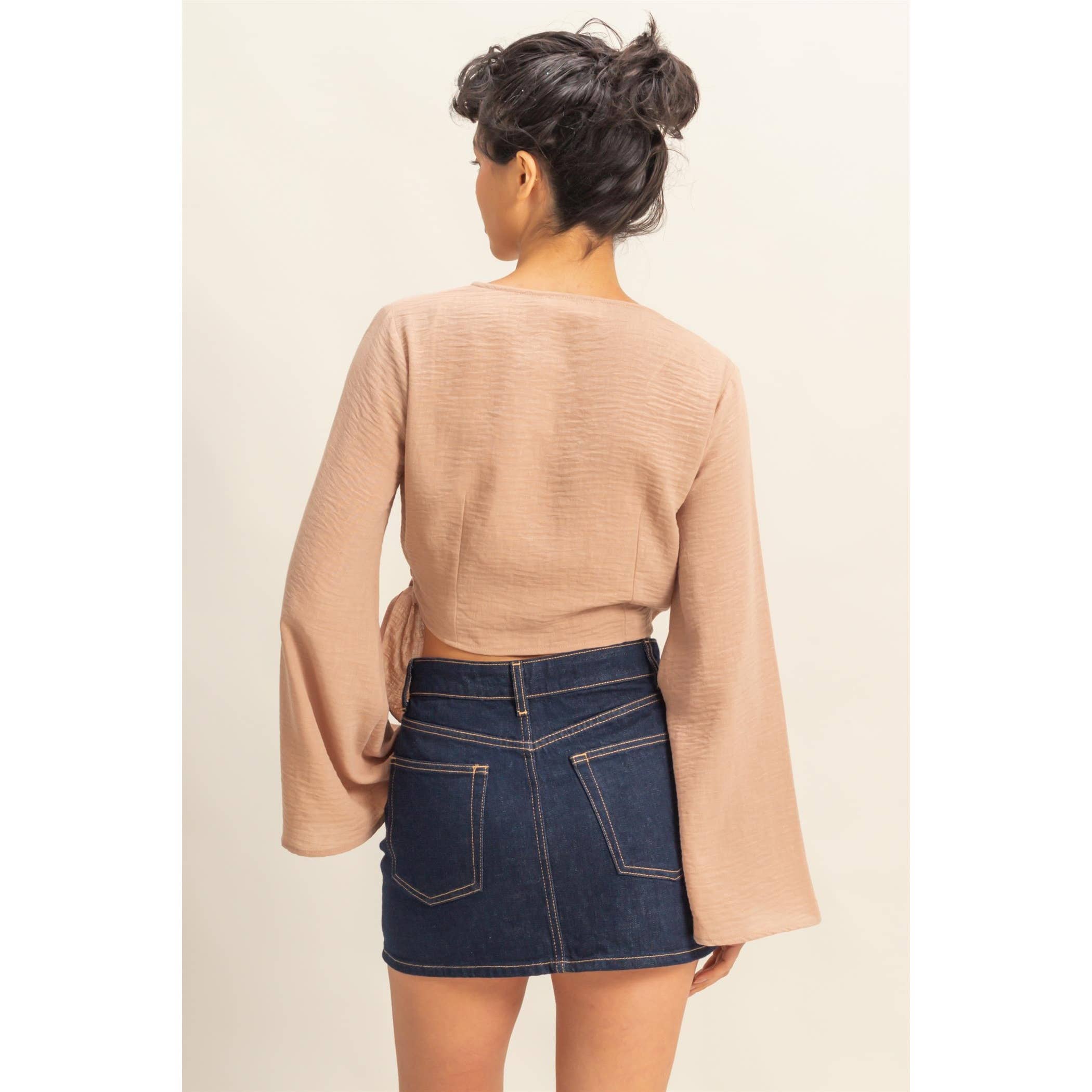 Crinkle Woven Wrap Style Cropped Blouse