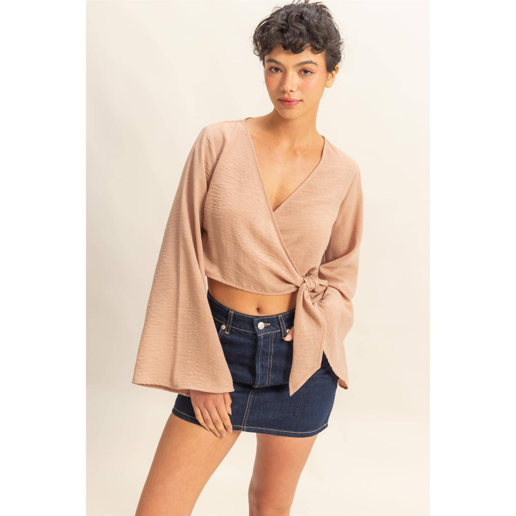 Crinkle Woven Wrap Style Cropped Blouse