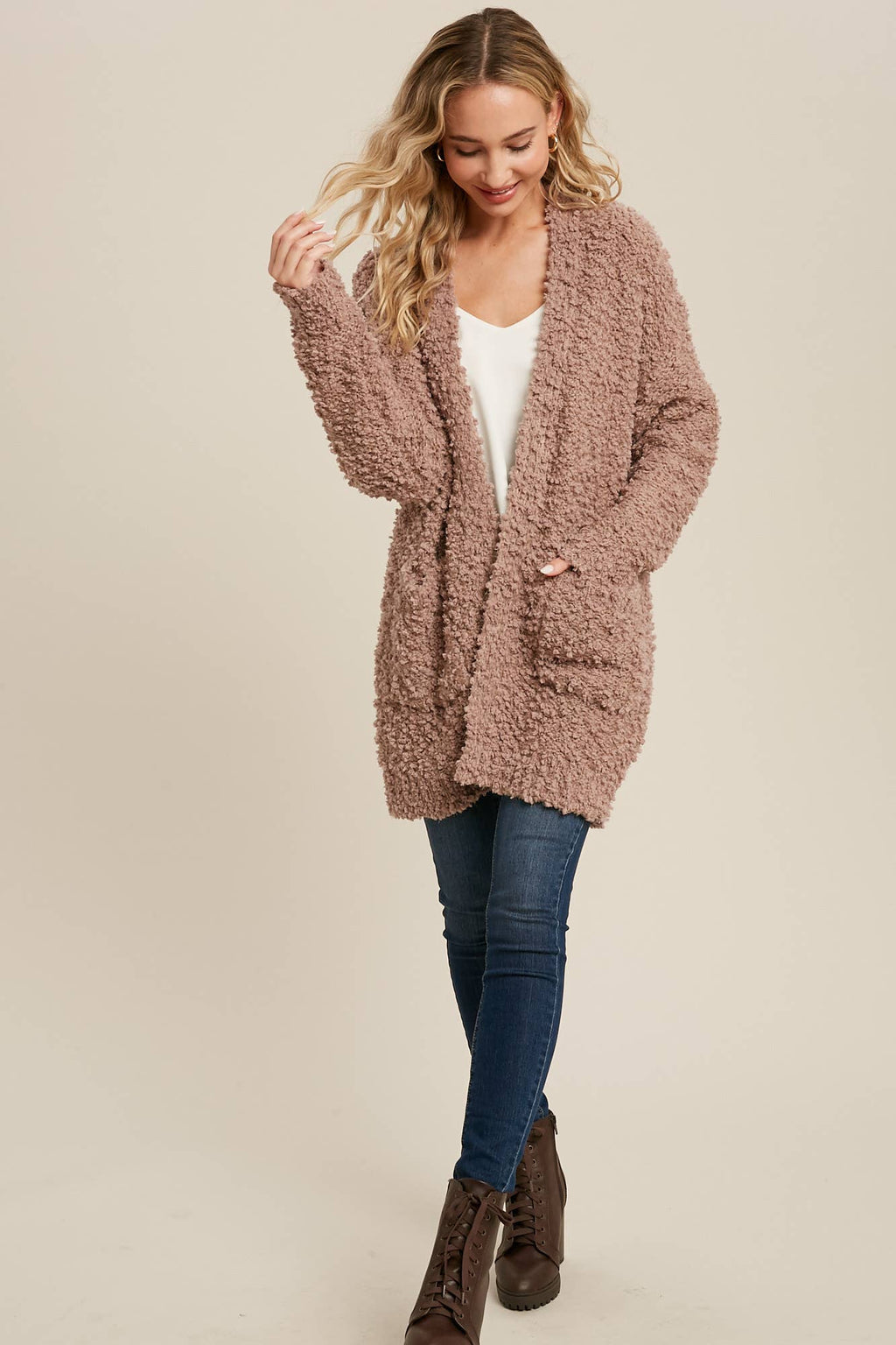FLUFFY BOUCLÉ OPEN FRONT CARDIGAN