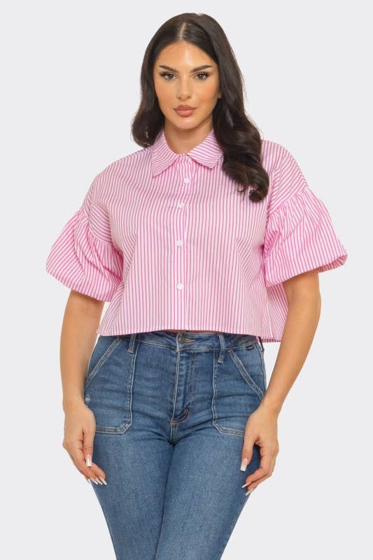 Stripe Front Button Down Bubble Sleeve Shirts Crop Top