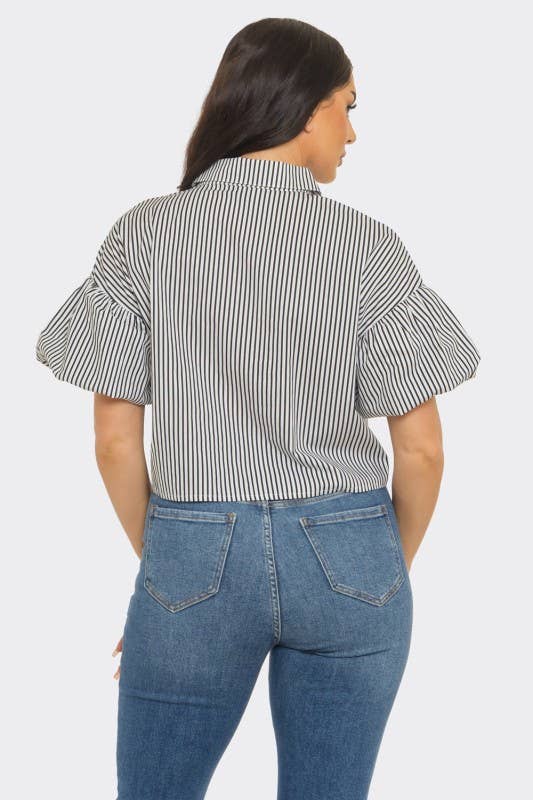 Stripe Front Button Down Bubble Sleeve Shirts Crop Top
