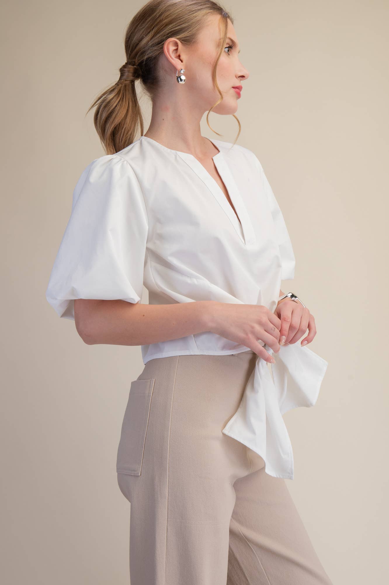 Tie-Front Blouse Puff Sleeve