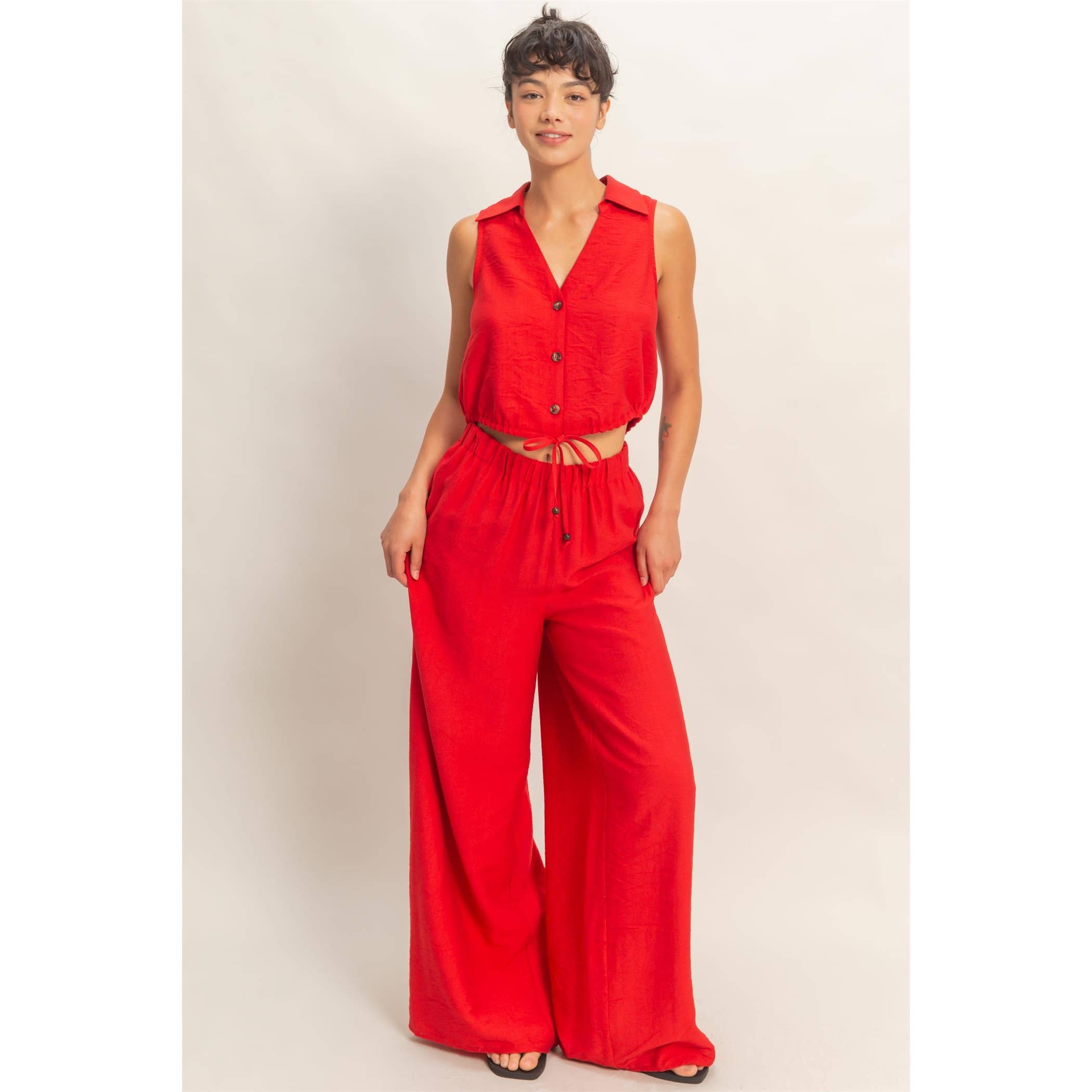 Button Front Vest & Elastic Pants Set