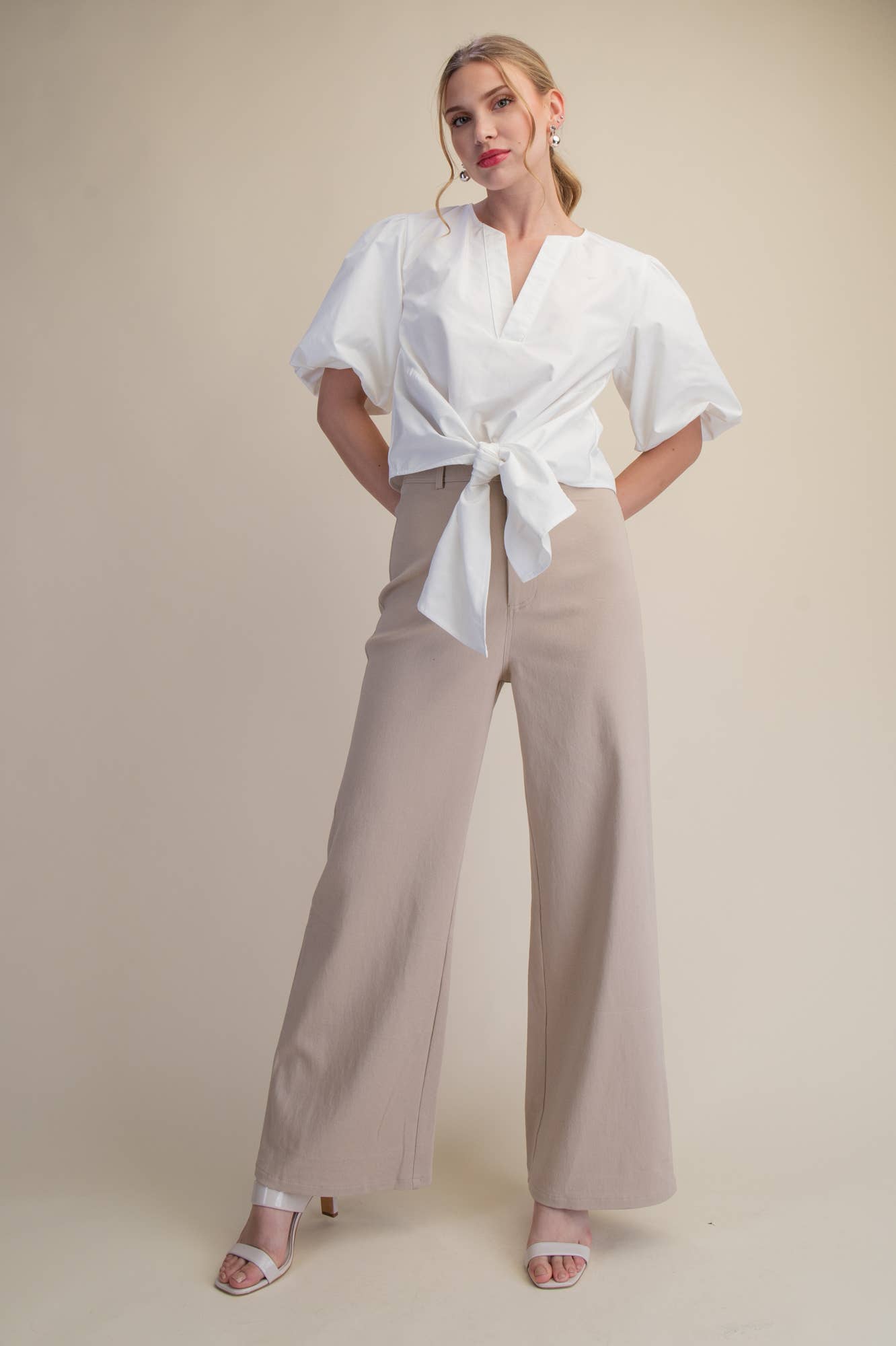 Tie-Front Blouse Puff Sleeve
