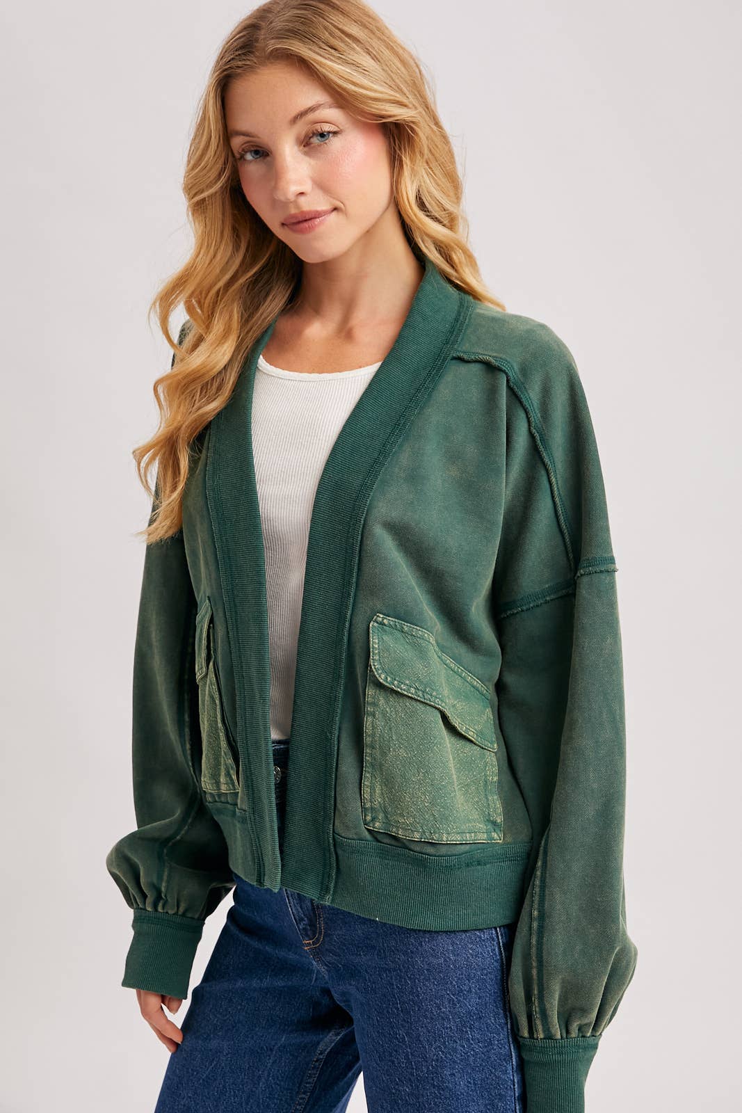 WASHED COLLARLESS OPEN FRONT CARDIGAN - ST. PATRICK'S DAY