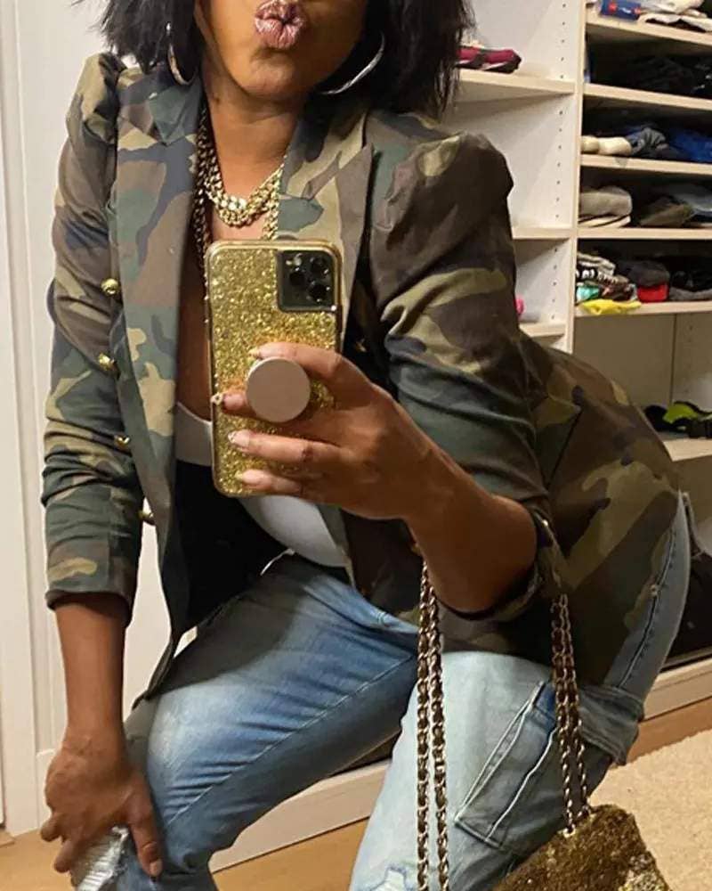 Camo Print Puff Sleeve Blazer Jacket for Women