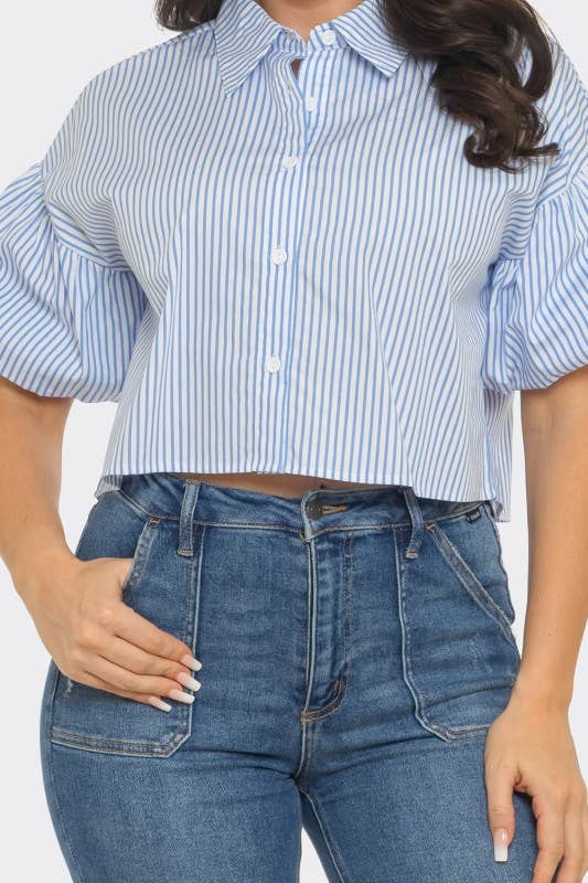 Stripe Front Button Down Bubble Sleeve Shirts Crop Top