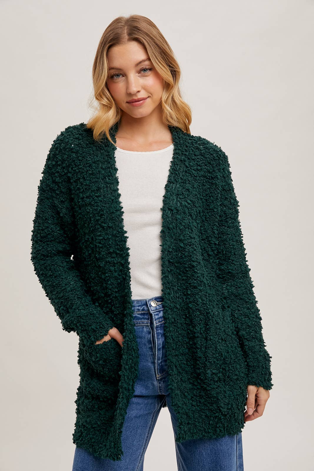 FLUFFY BOUCLÉ OPEN FRONT CARDIGAN