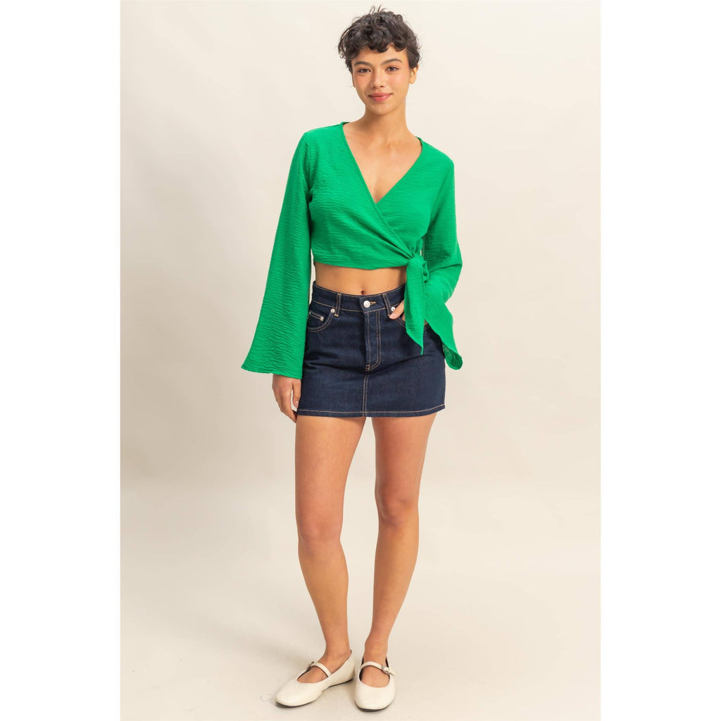 Crinkle Woven Wrap Style Cropped Blouse