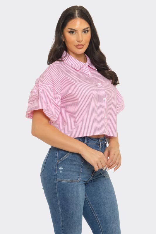 Stripe Front Button Down Bubble Sleeve Shirts Crop Top