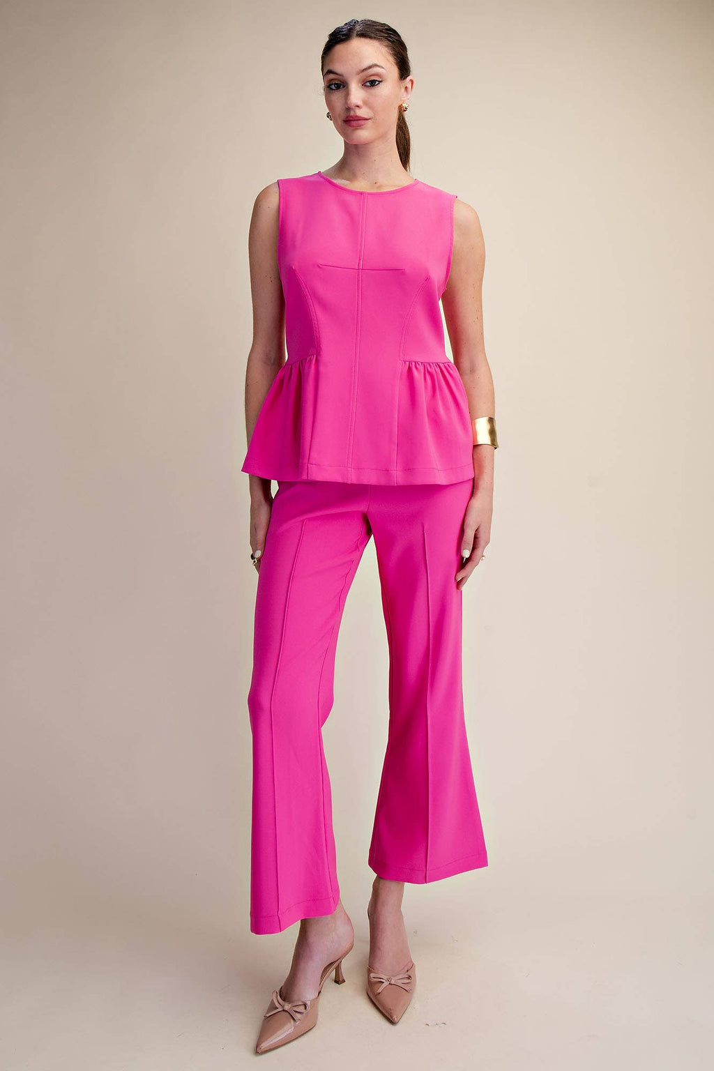 High Waist Stitch Pleats Flare Crop Stretchy Pants