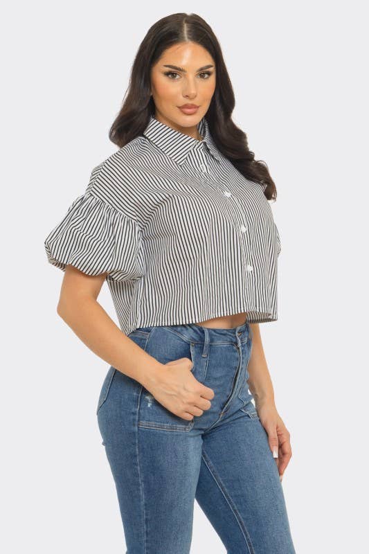 Stripe Front Button Down Bubble Sleeve Shirts Crop Top