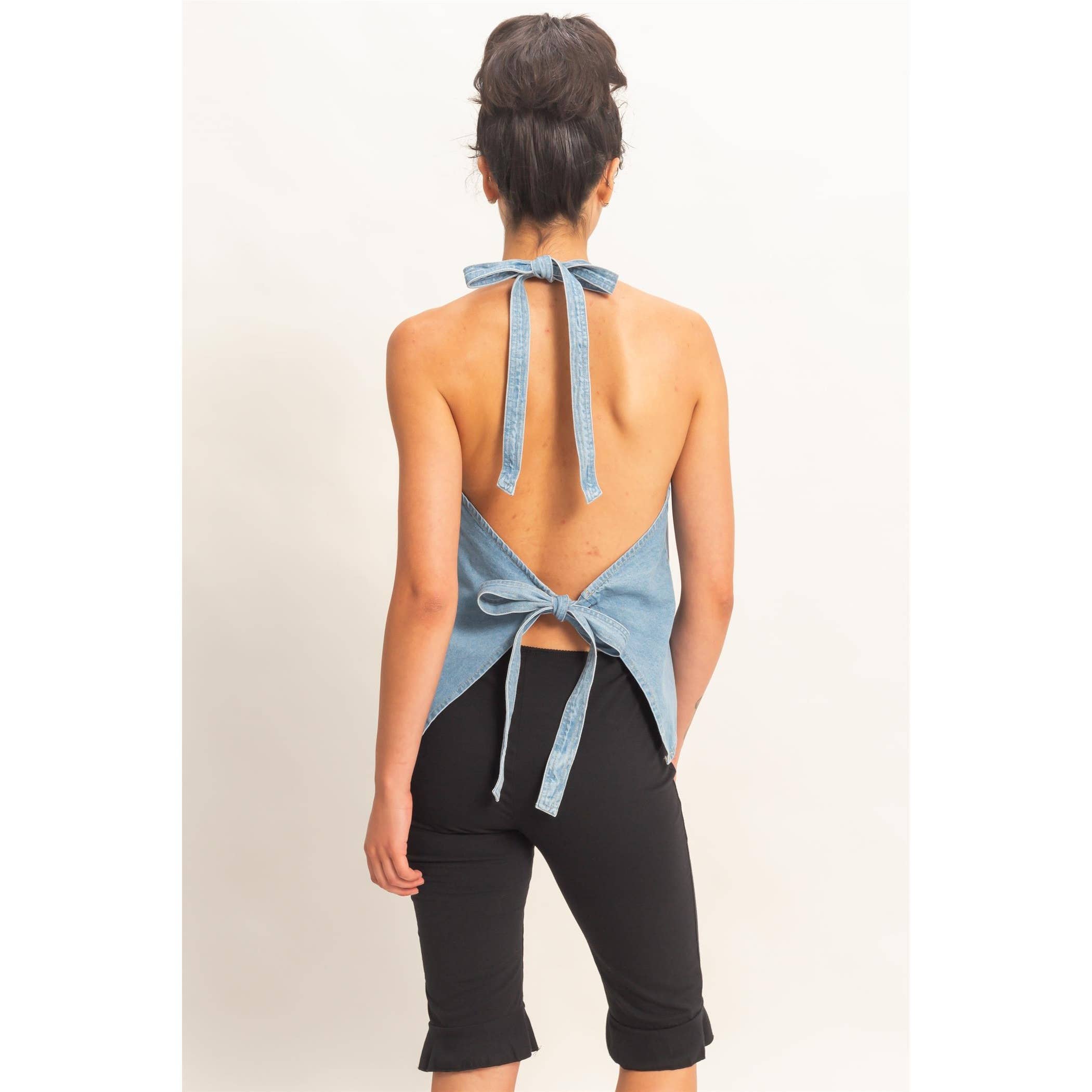 Denim Back Tie Halter Vest
