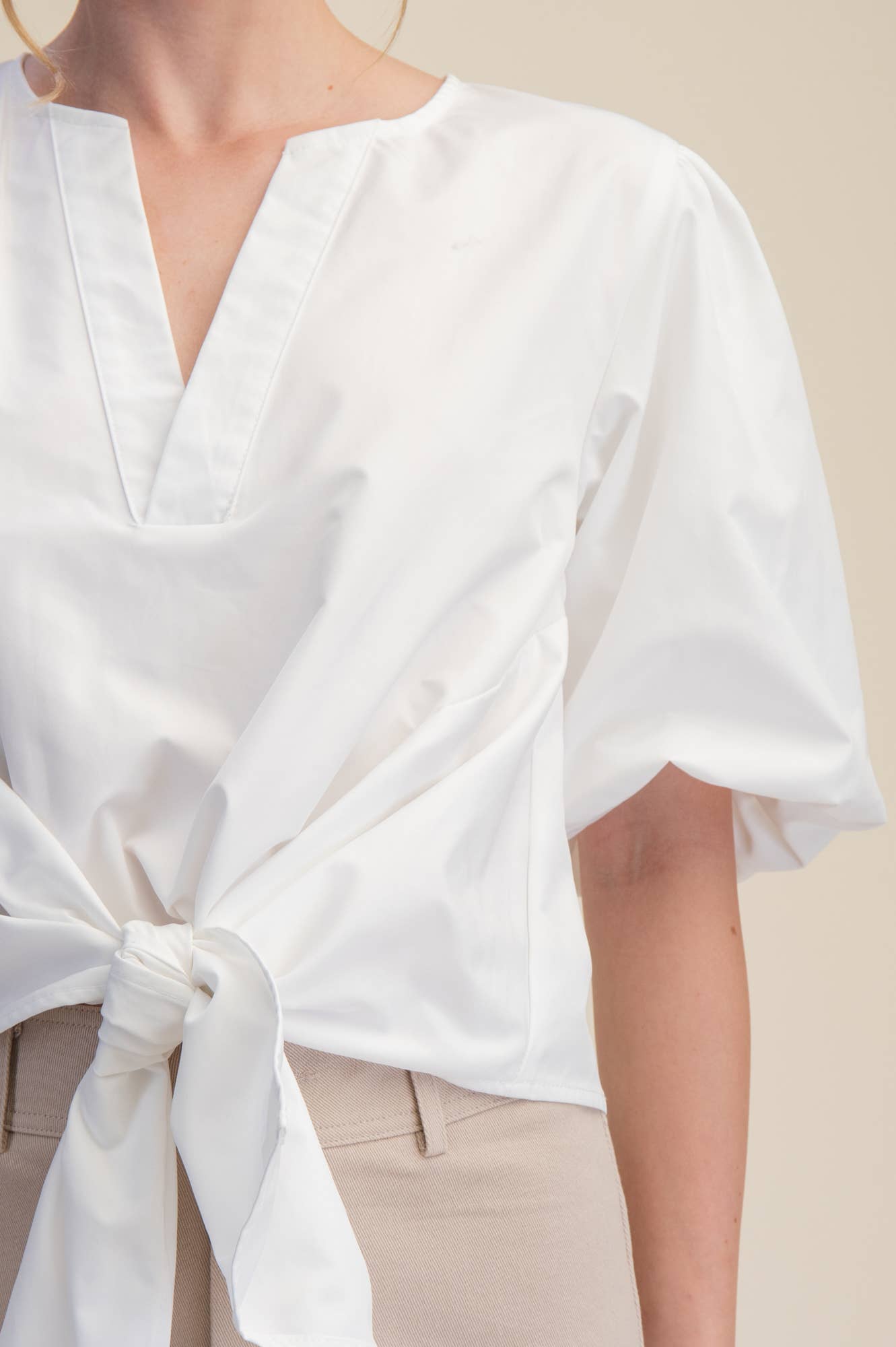 Tie-Front Blouse Puff Sleeve