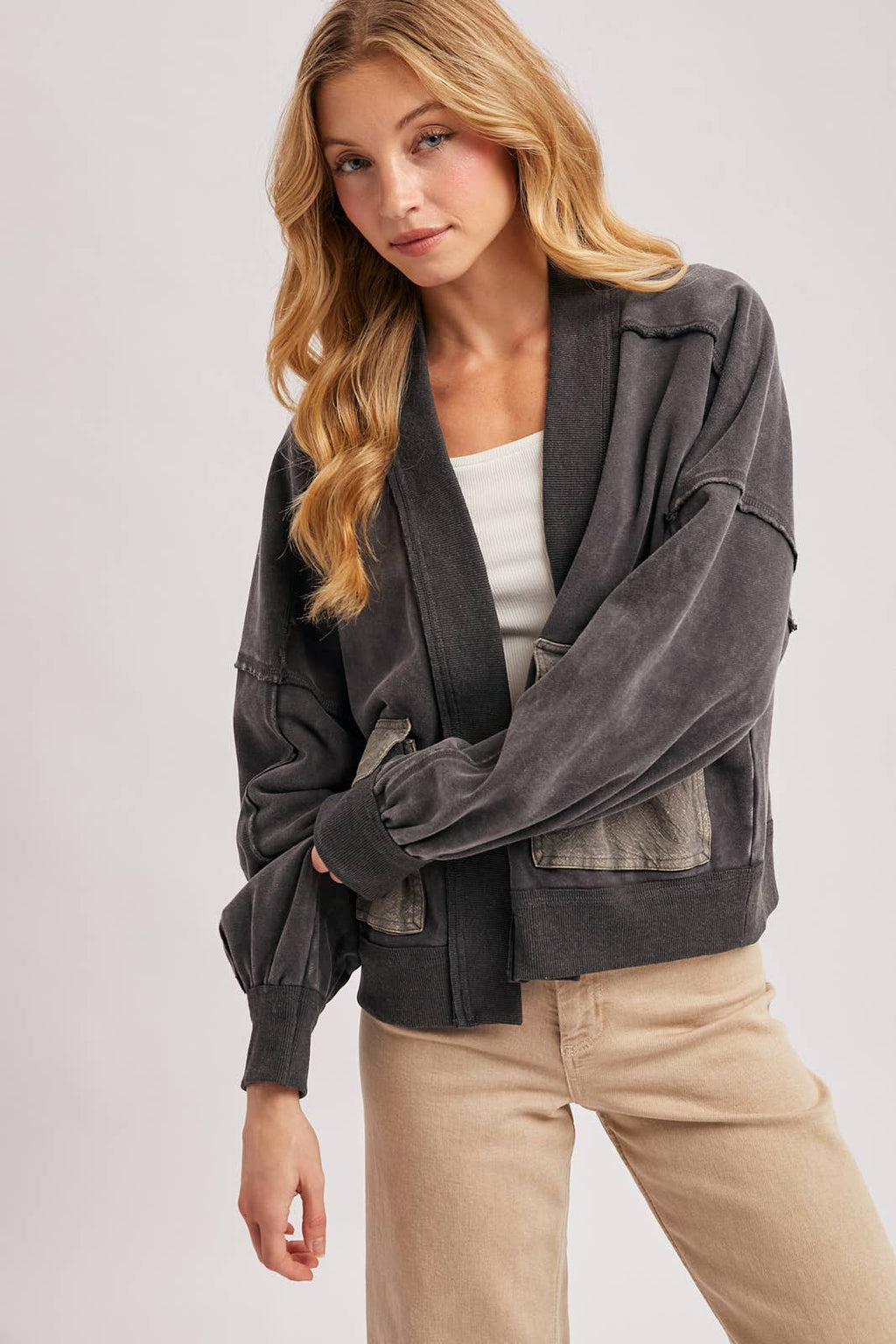 WASHED COLLARLESS OPEN FRONT CARDIGAN - ST. PATRICK'S DAY
