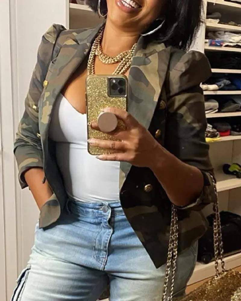 Camo Print Puff Sleeve Blazer Jacket for Women