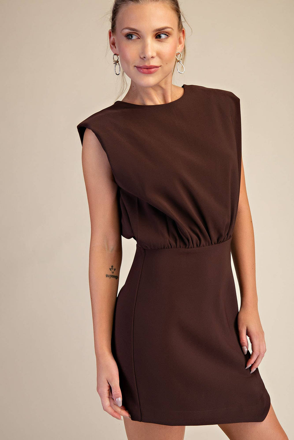 Round Neck Shoulder Padded Mini Dress