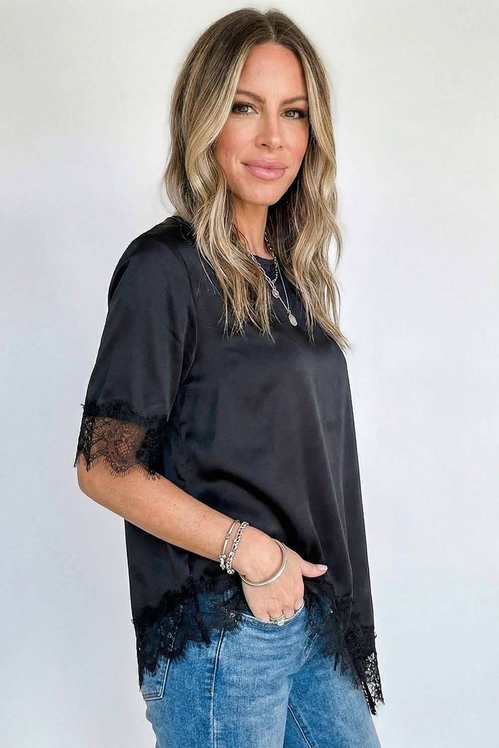 Asymmetric Lace Trim Short Sleeve Satin Top | S-XL