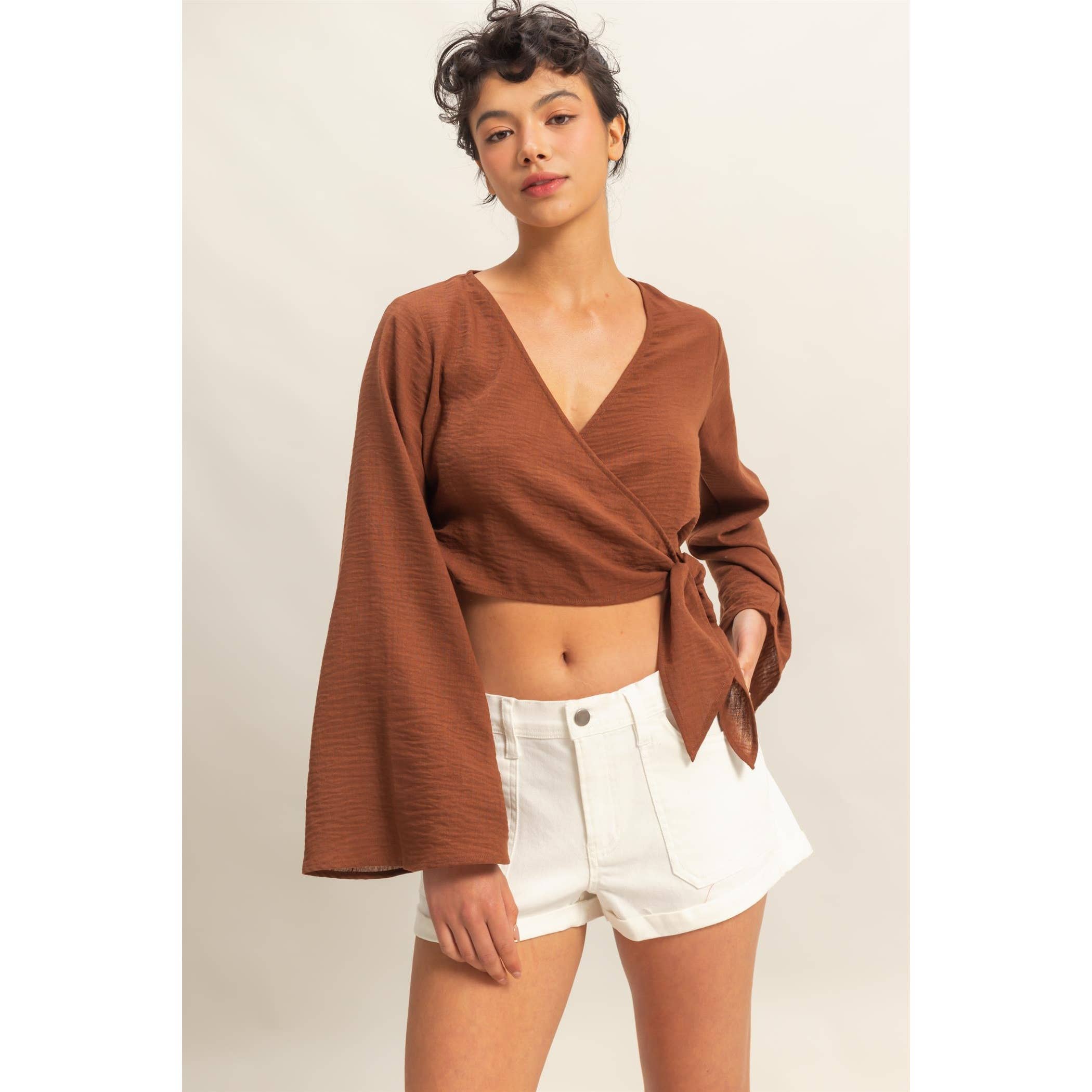 Crinkle Woven Wrap Style Cropped Blouse