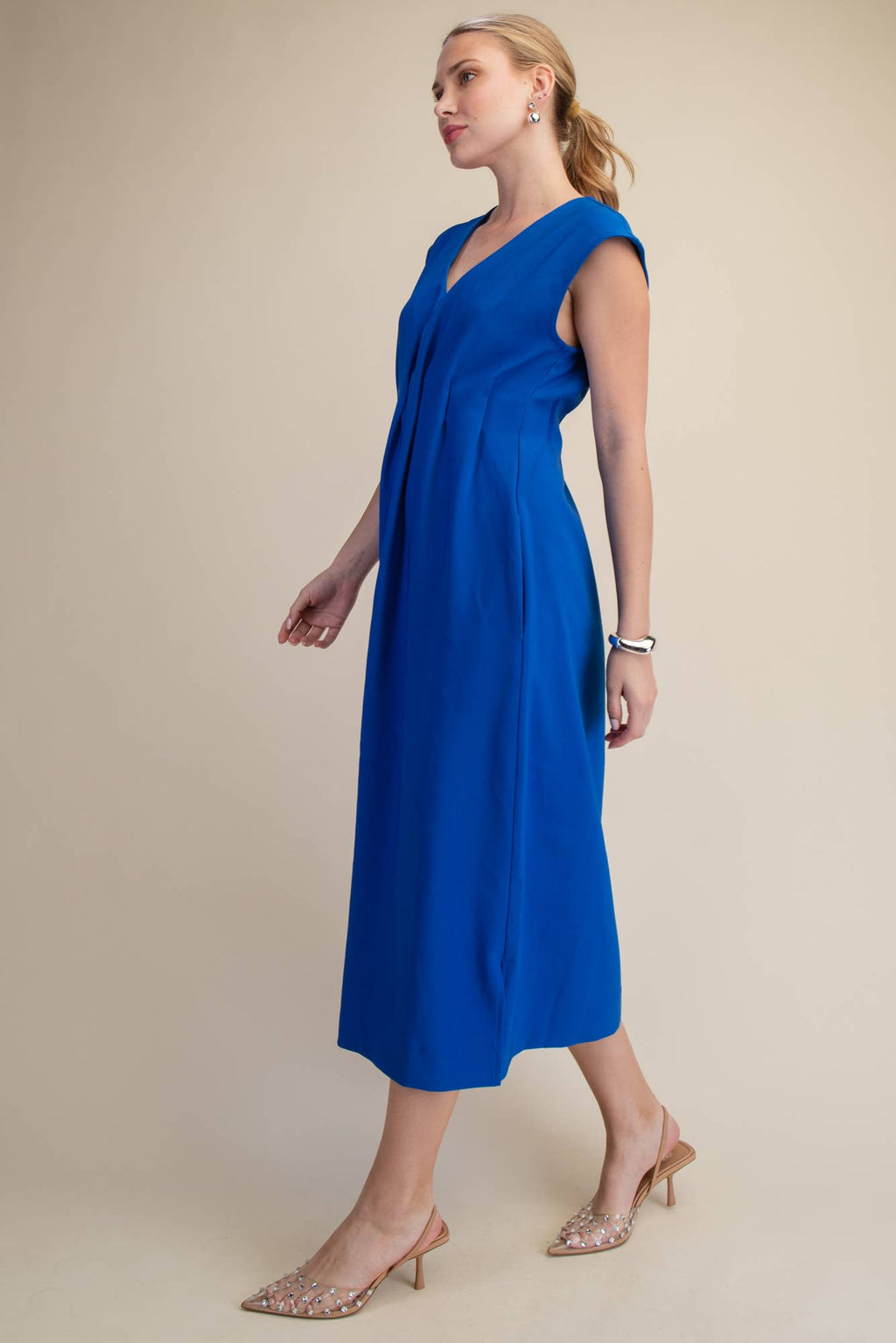 Short-Sleeve Waist Pleated Midi Dress