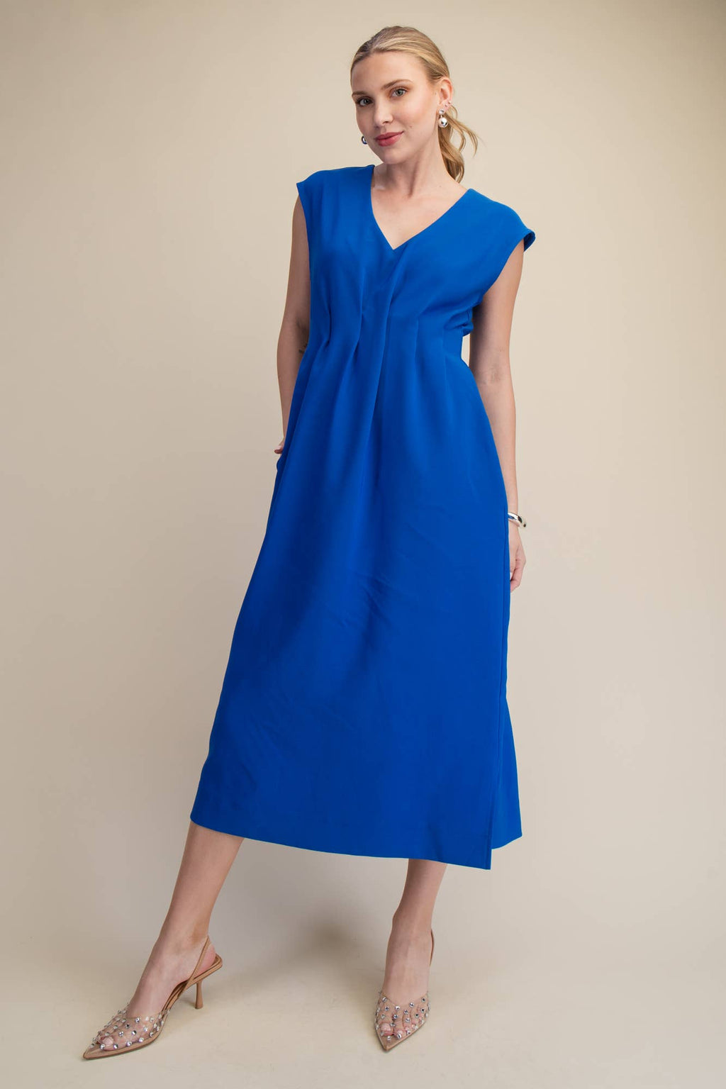 Short-Sleeve Waist Pleated Midi Dress