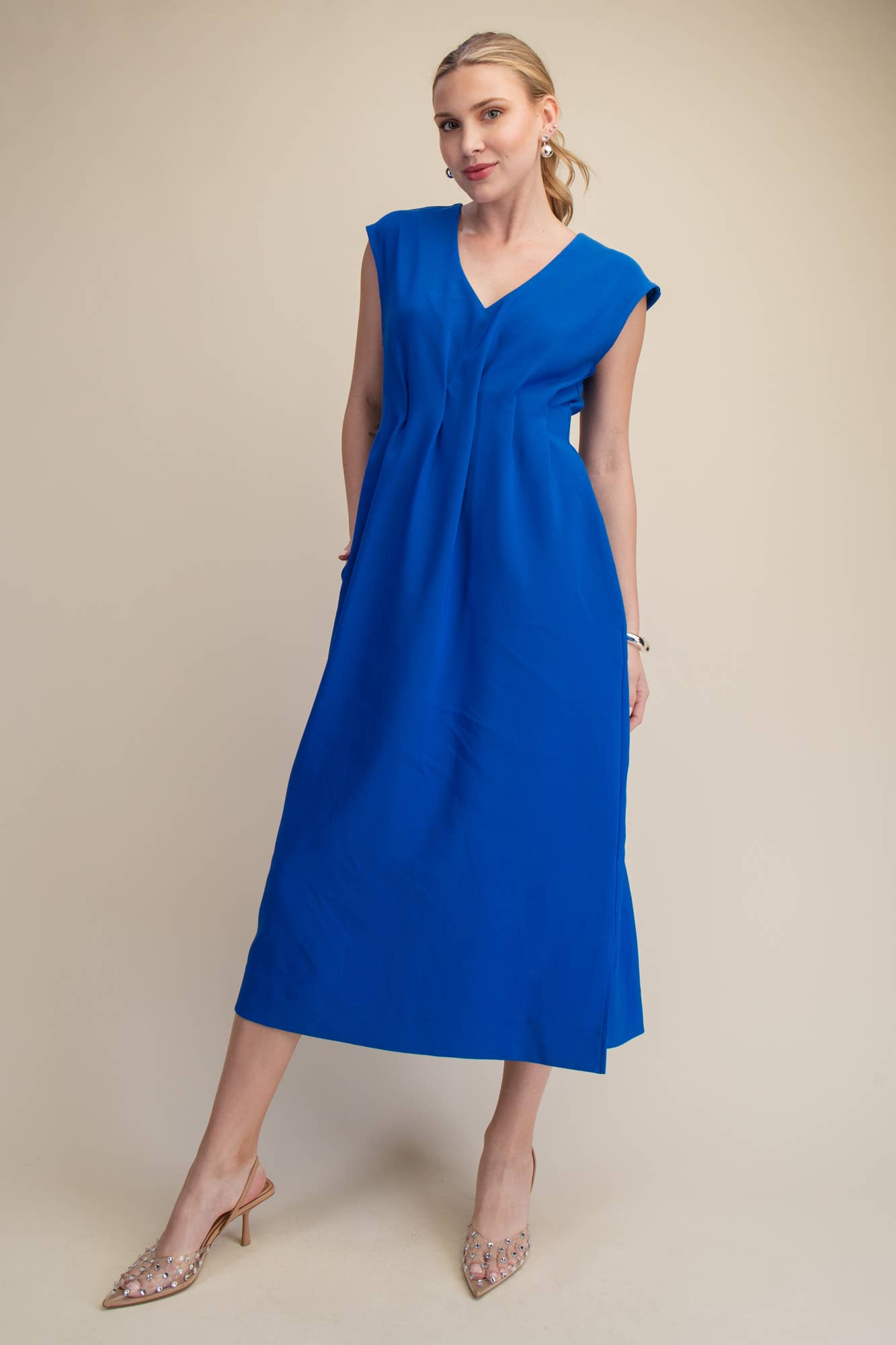 Short-Sleeve Waist Pleated Midi Dress