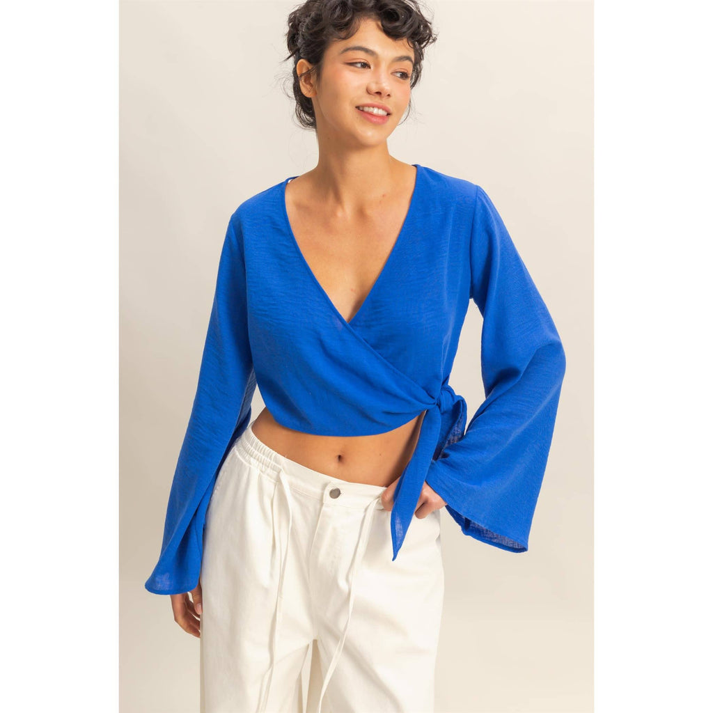 Crinkle Woven Wrap Style Cropped Blouse