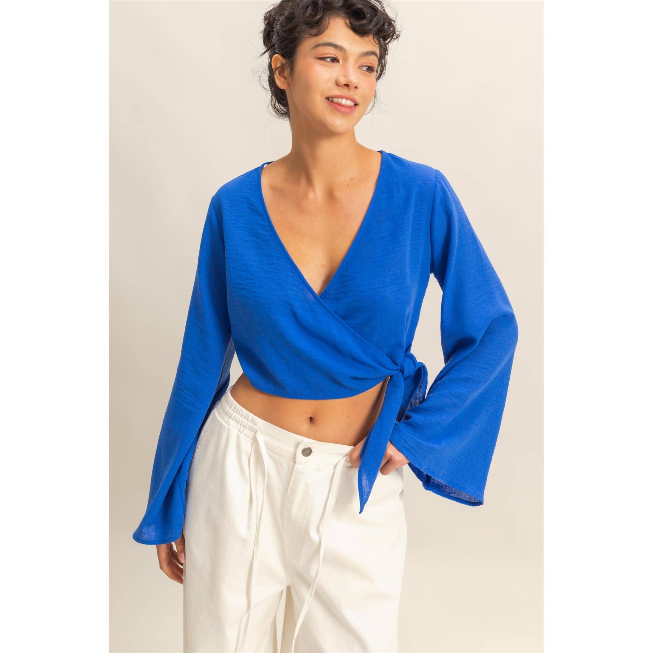 Crinkle Woven Wrap Style Cropped Blouse