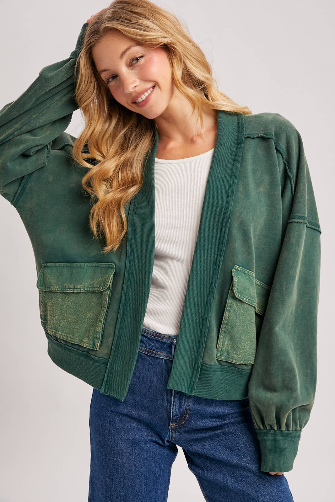 WASHED COLLARLESS OPEN FRONT CARDIGAN - ST. PATRICK'S DAY