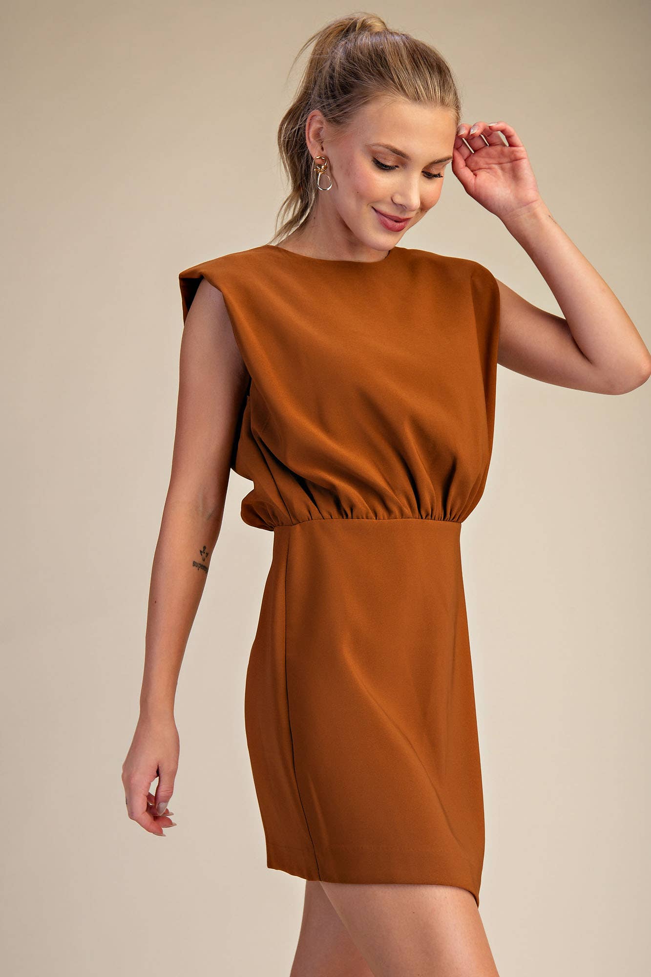 Round Neck Shoulder Padded Mini Dress