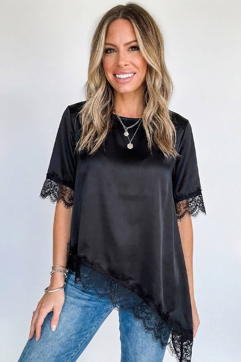 Asymmetric Lace Trim Short Sleeve Satin Top | S-XL