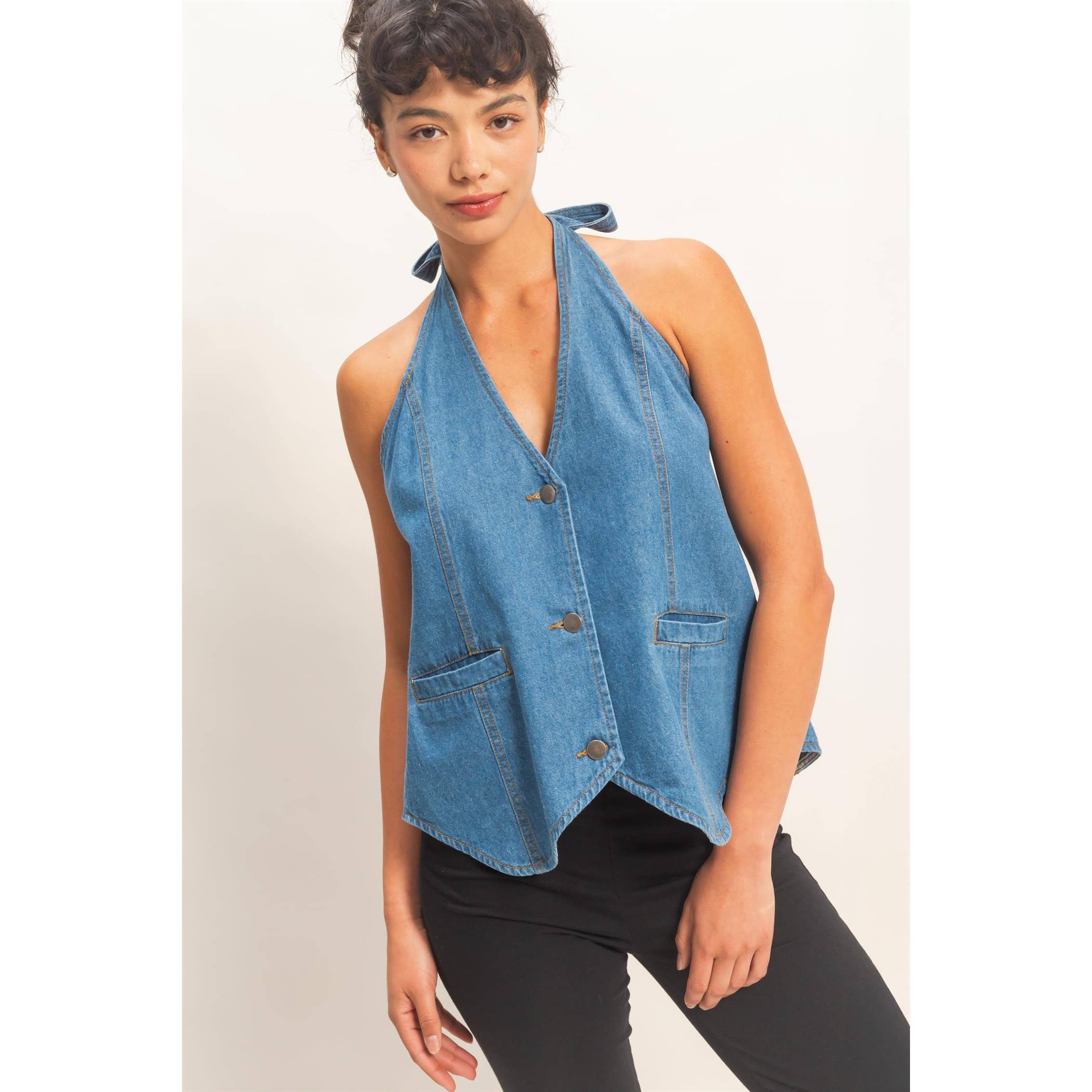 Denim Back Tie Halter Vest