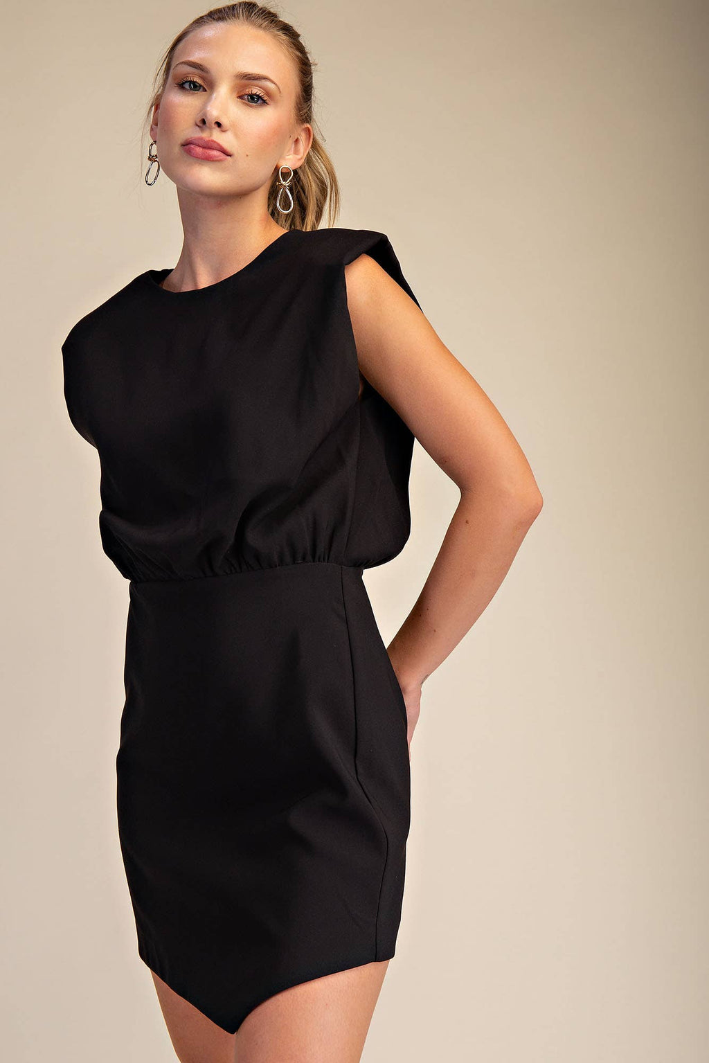 Round Neck Shoulder Padded Mini Dress