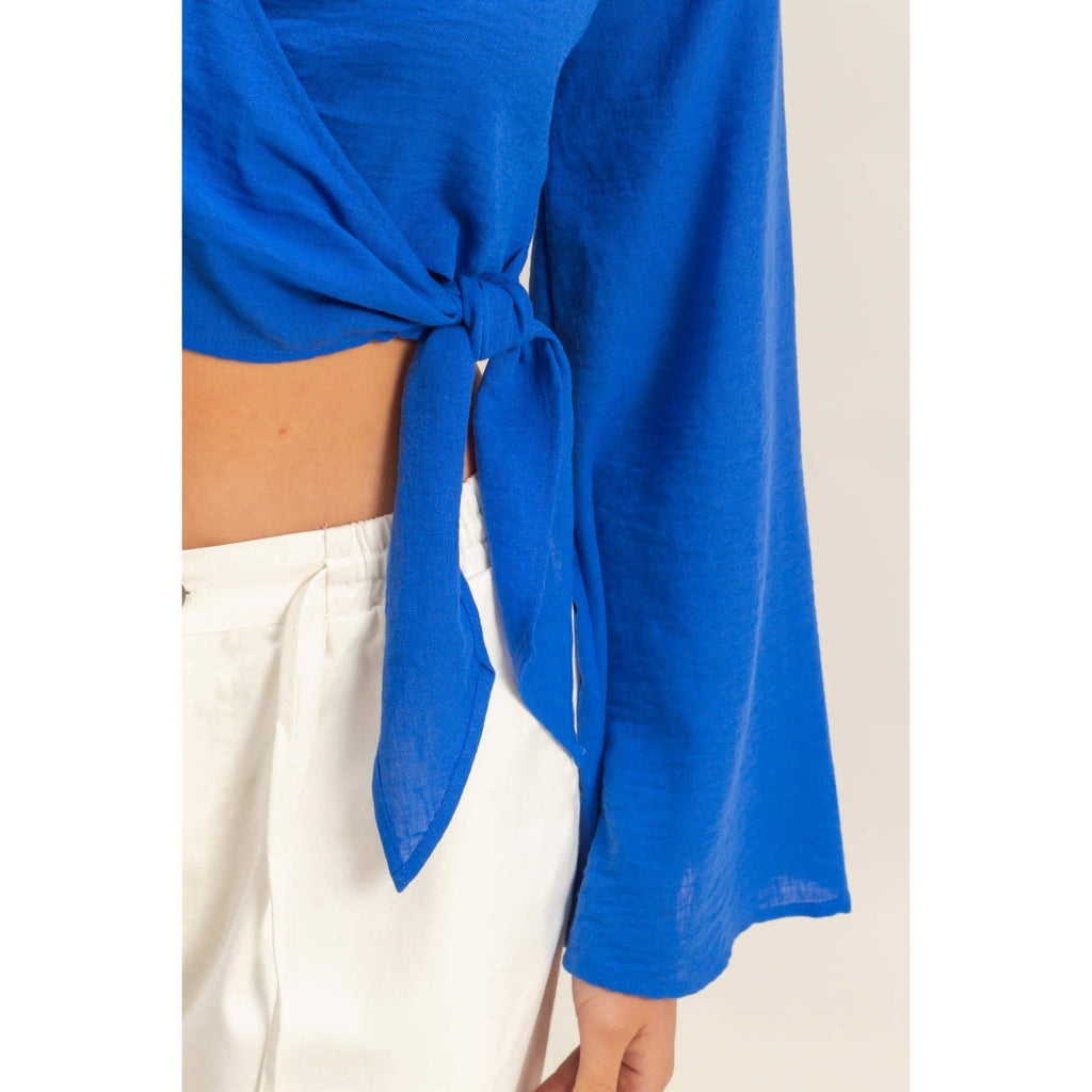Crinkle Woven Wrap Style Cropped Blouse