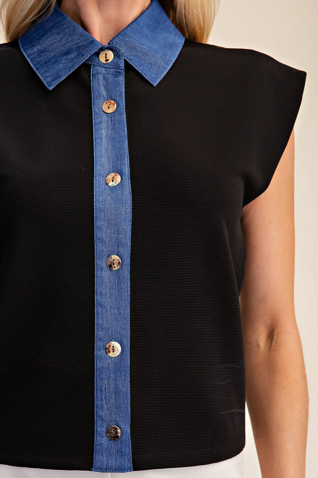Muscle Vest Top With Collared Denim Placket