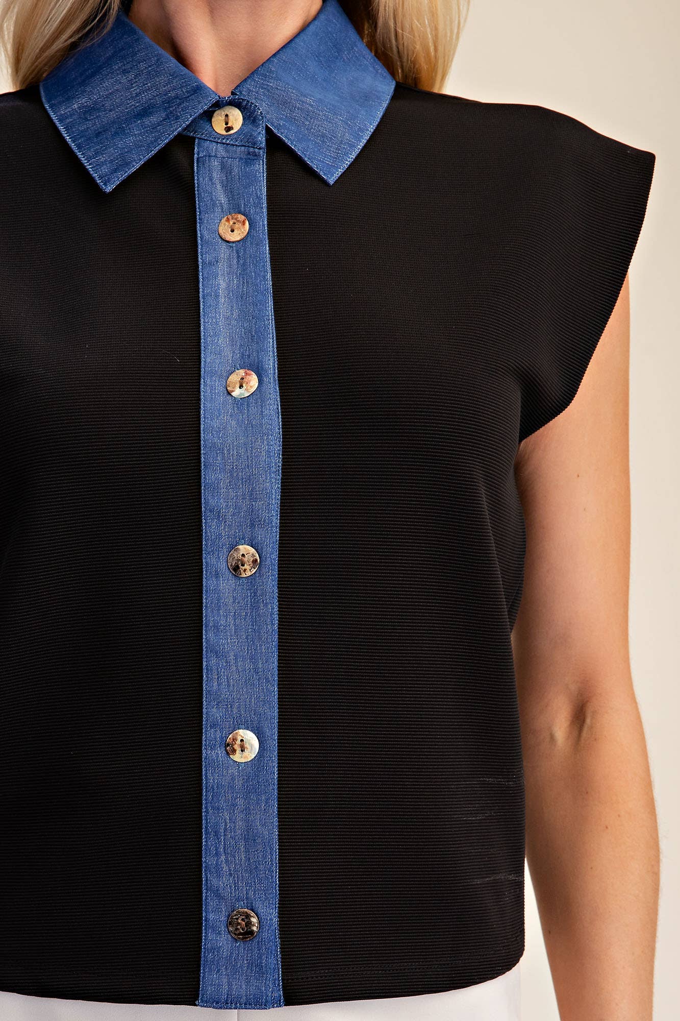 Muscle Vest Top With Collared Denim Placket