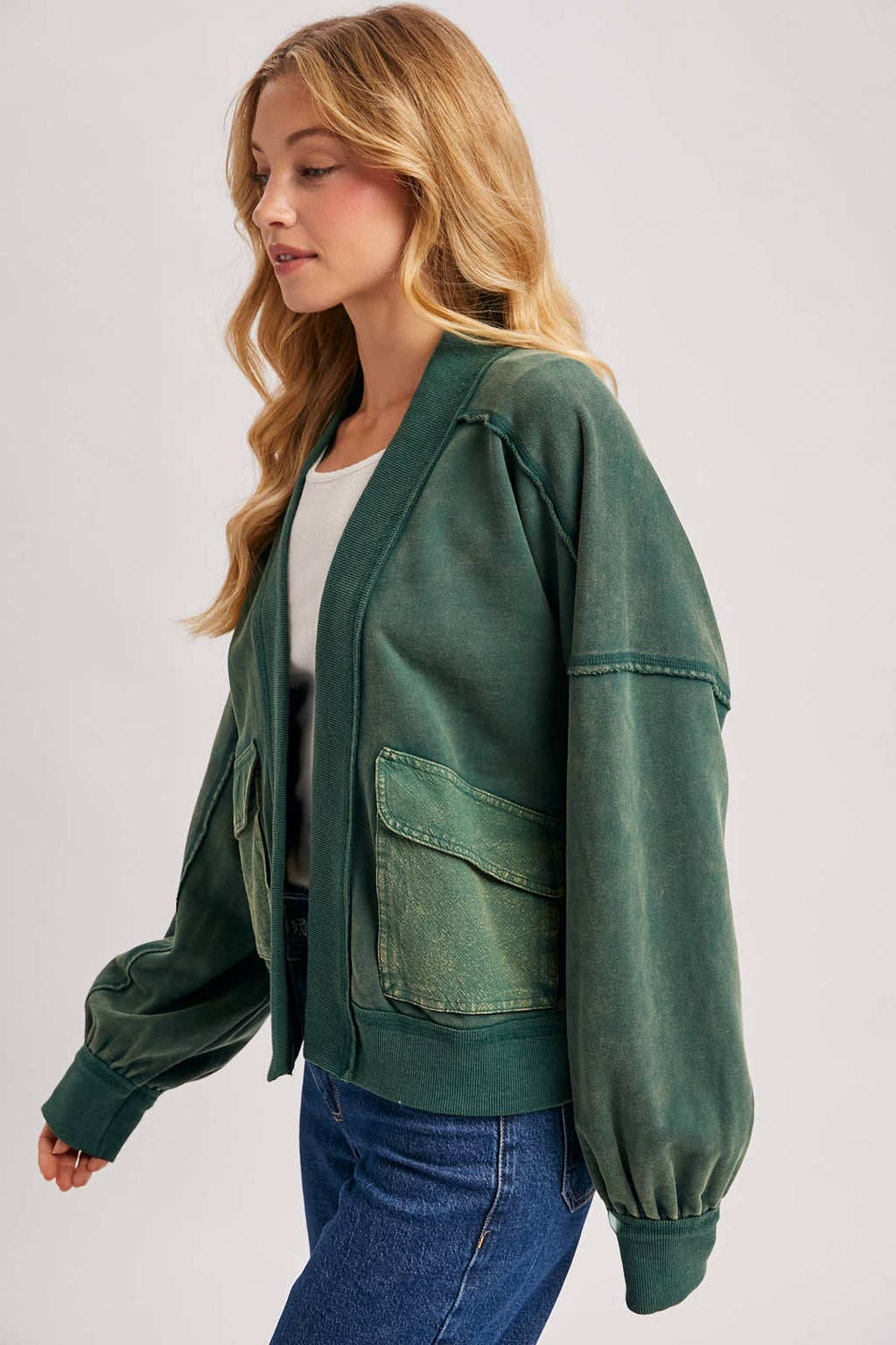 WASHED COLLARLESS OPEN FRONT CARDIGAN - ST. PATRICK'S DAY