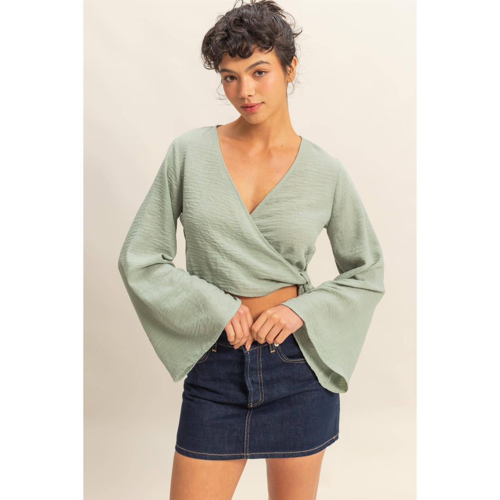 Crinkle Woven Wrap Style Cropped Blouse