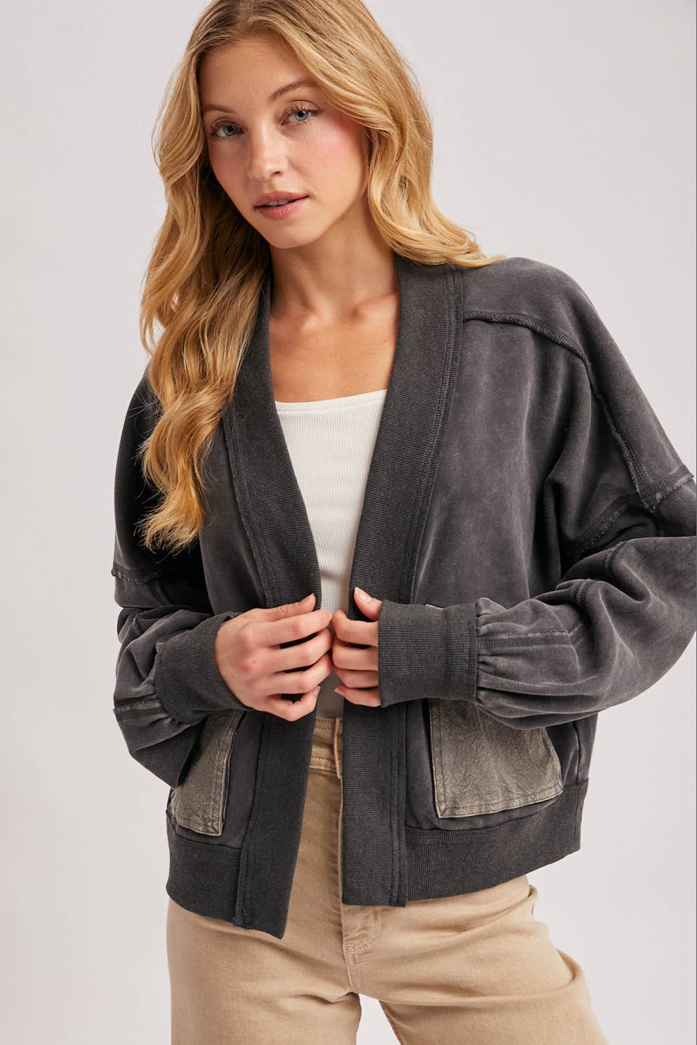 WASHED COLLARLESS OPEN FRONT CARDIGAN - ST. PATRICK'S DAY