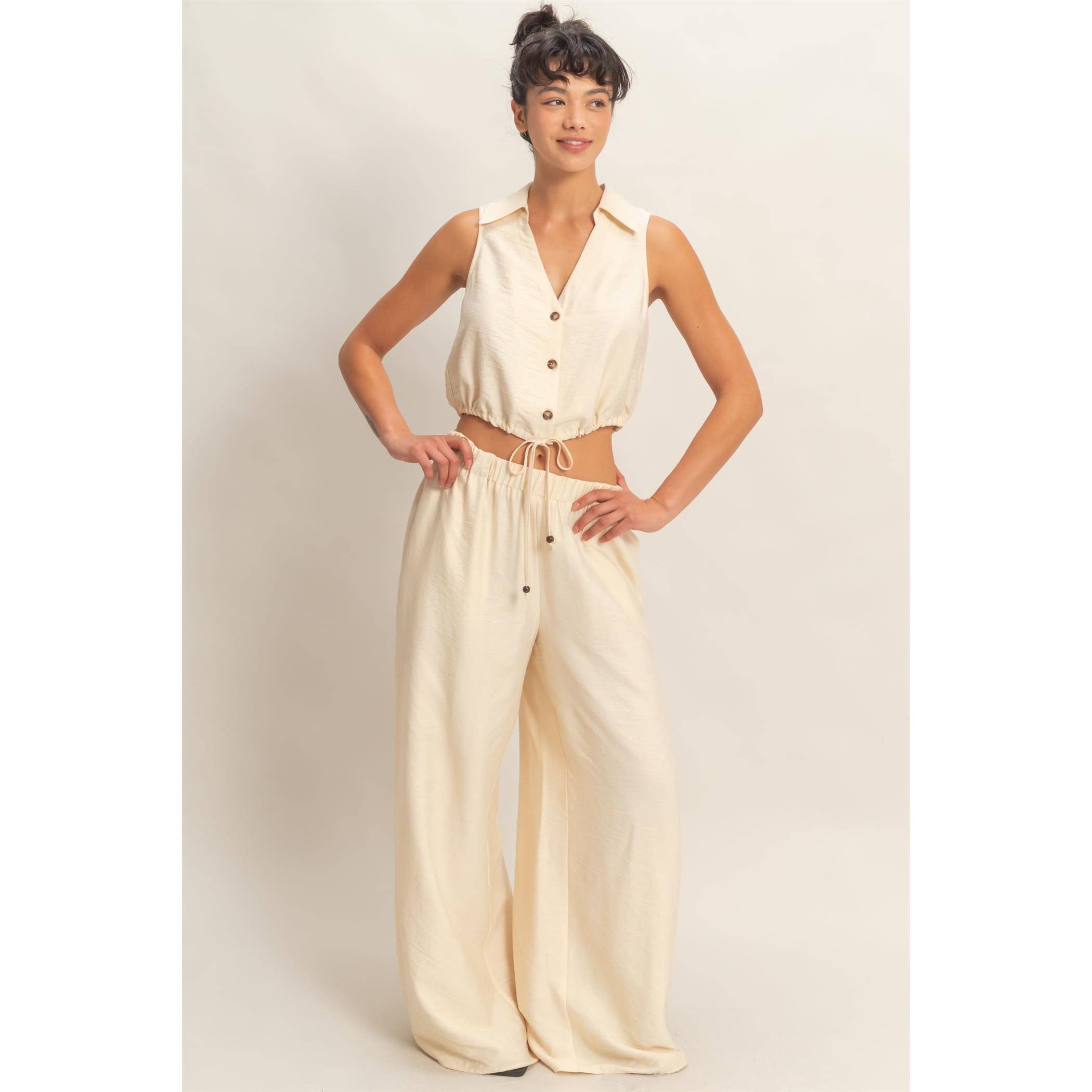 Button Front Vest & Elastic Pants Set