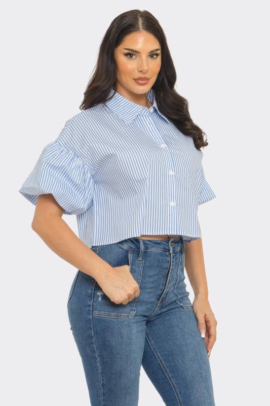 Stripe Front Button Down Bubble Sleeve Shirts Crop Top