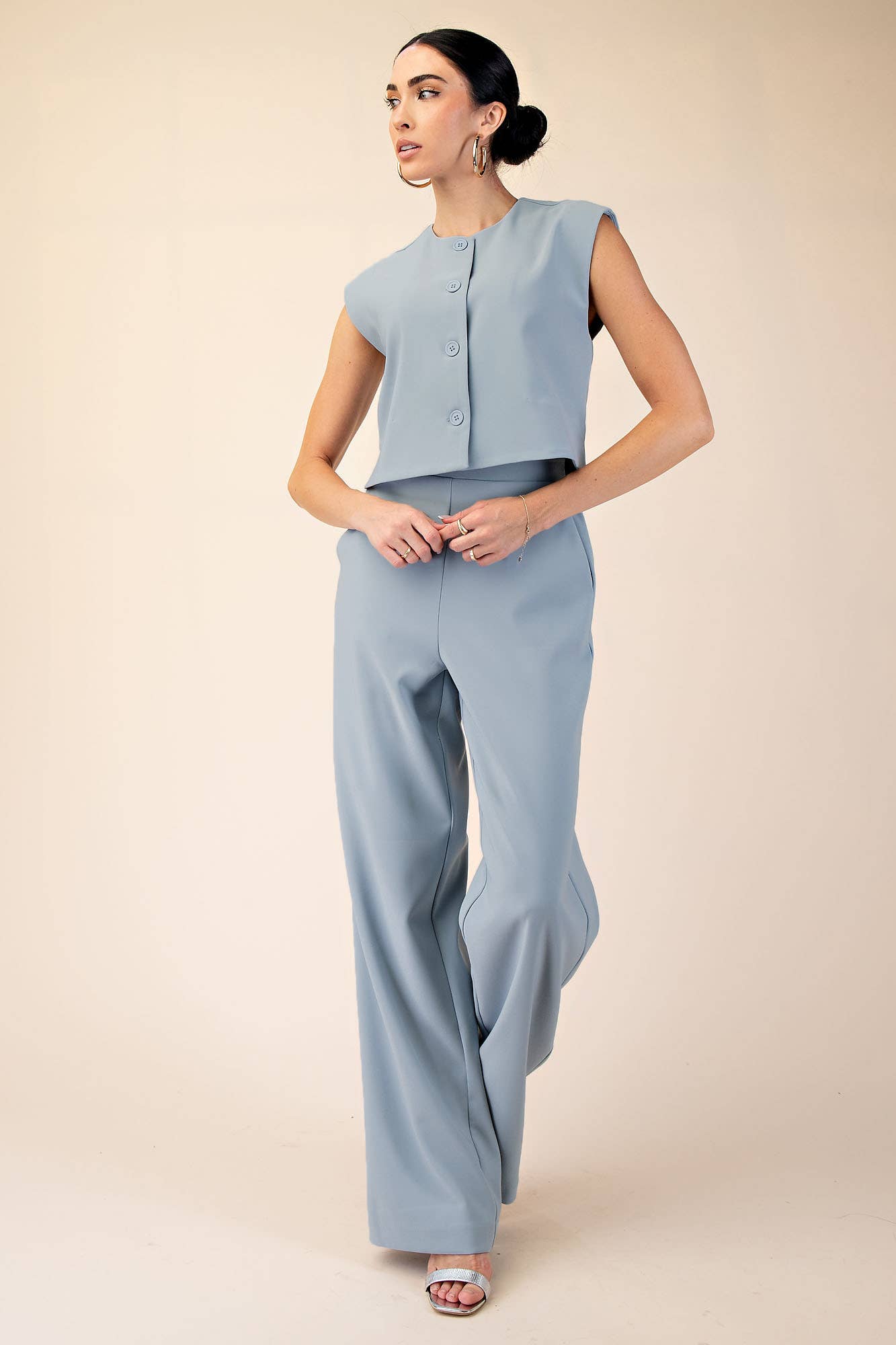 Button Vest and Wide-Leg Pant Set