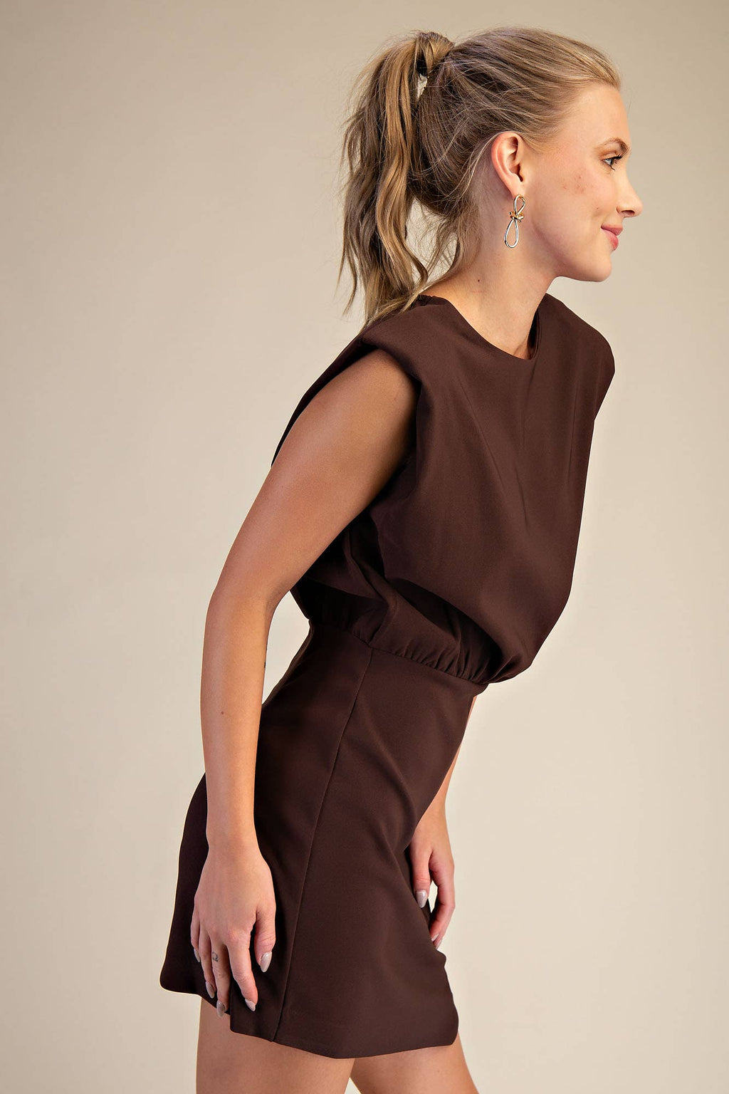Round Neck Shoulder Padded Mini Dress