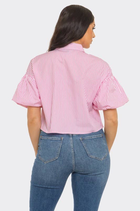 Stripe Front Button Down Bubble Sleeve Shirts Crop Top